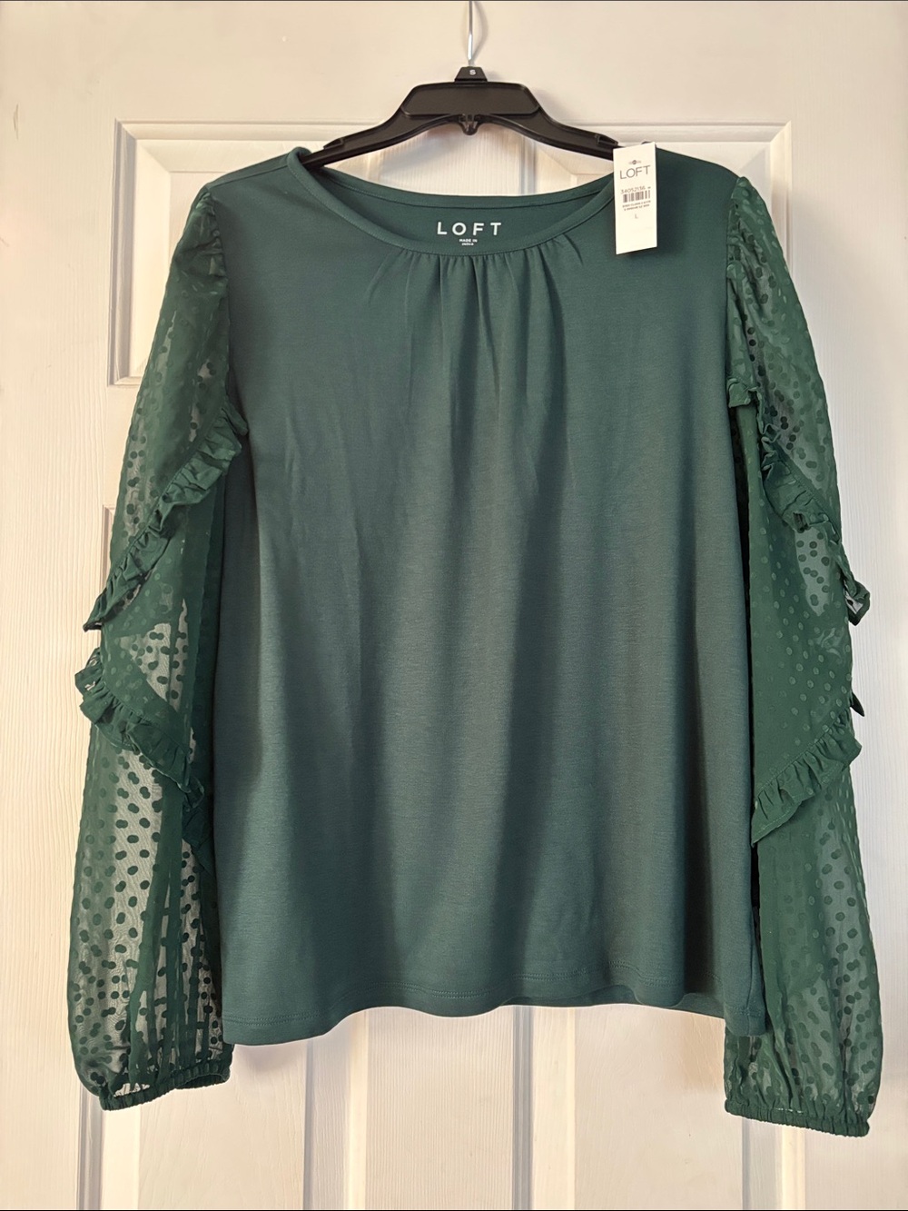 LOFT Dark Green Long Sleeve Top with Ruffle Dot Sleeves